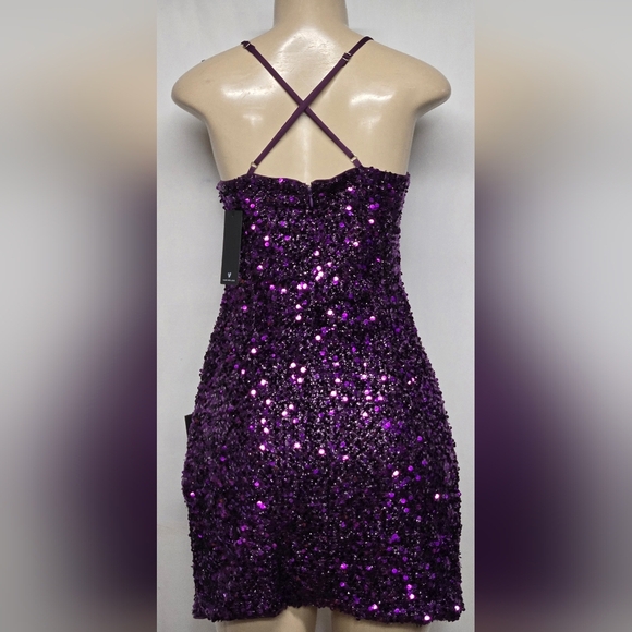 Lulus L Micro Mini Dress Bodycon Purple Sequin Criss Cross Frontvand Back Straps - Picture 2 of 6